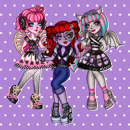 chibi artworks of three monster high dolls